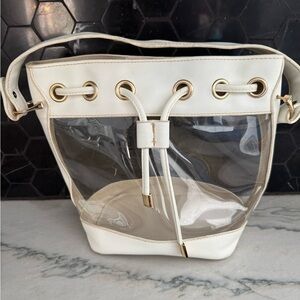 White Faux Leather & Clear Vinyl Bucket Bag Gold Drawstring Closure Handbag